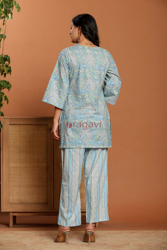 Blue Printed Cotton Co- Ord Set - Ragavi