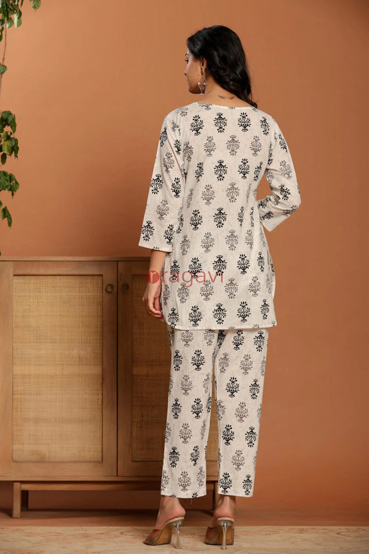 White Printed Cotton Co- Ord Set - Ragavi