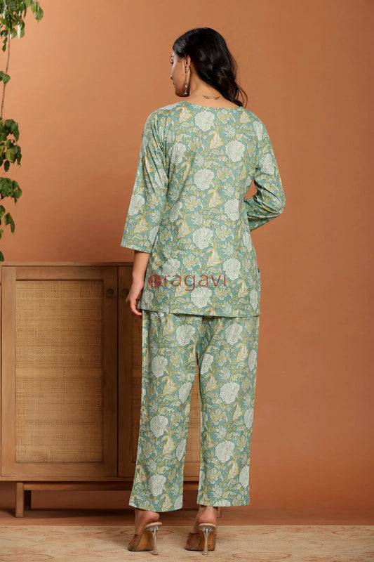 Green Printed Cotton Co- Ord Set - Ragavi