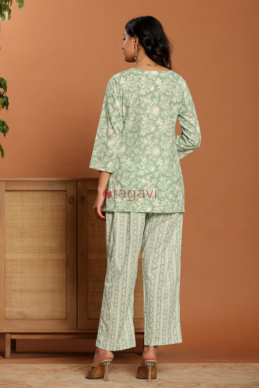 Green Printed Cotton Co- Ord Set - Ragavi