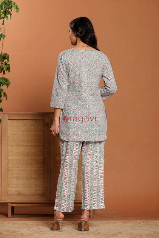 Green Printed Cotton Co- Ord Set - Ragavi