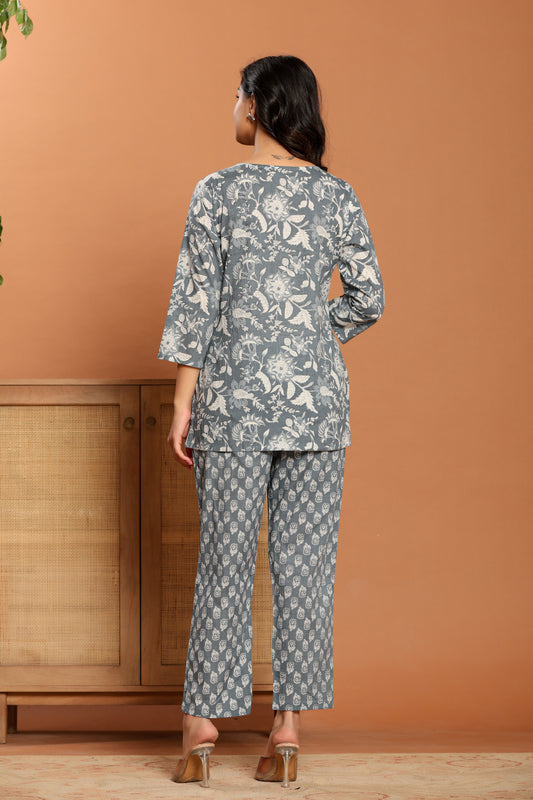 Grey Printed Cotton Co- Ord Set