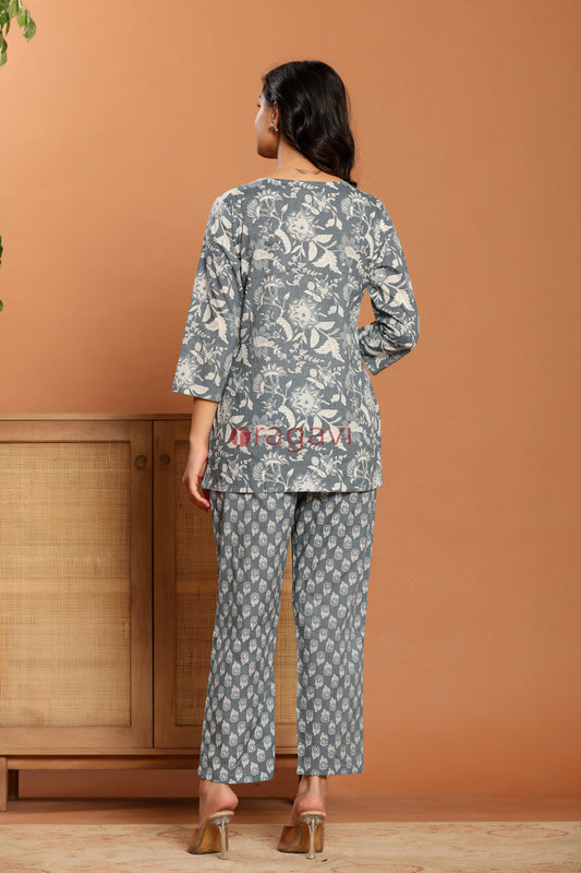 Grey Printed Cotton Co- Ord Set - Ragavi