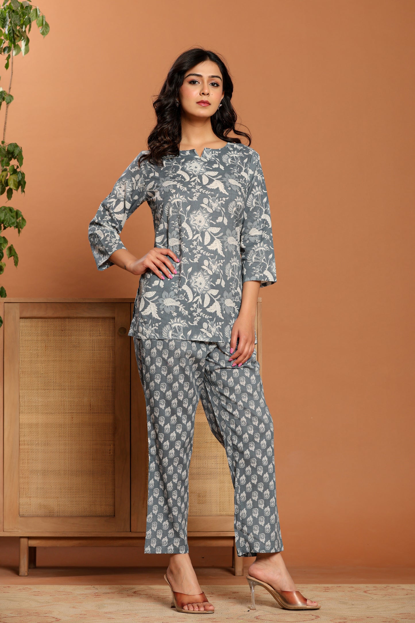 Grey Printed Cotton Coord Set