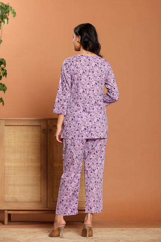 Purple Printed Cotton Co- Ord Set