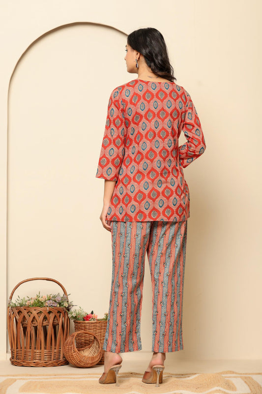 Red Printed Cotton Co- Ord Set