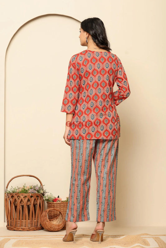 Red Printed Cotton Co- Ord Set - Ragavi