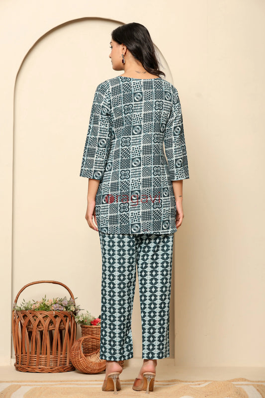 Blue Printed Cotton Co- Ord Set - Ragavi