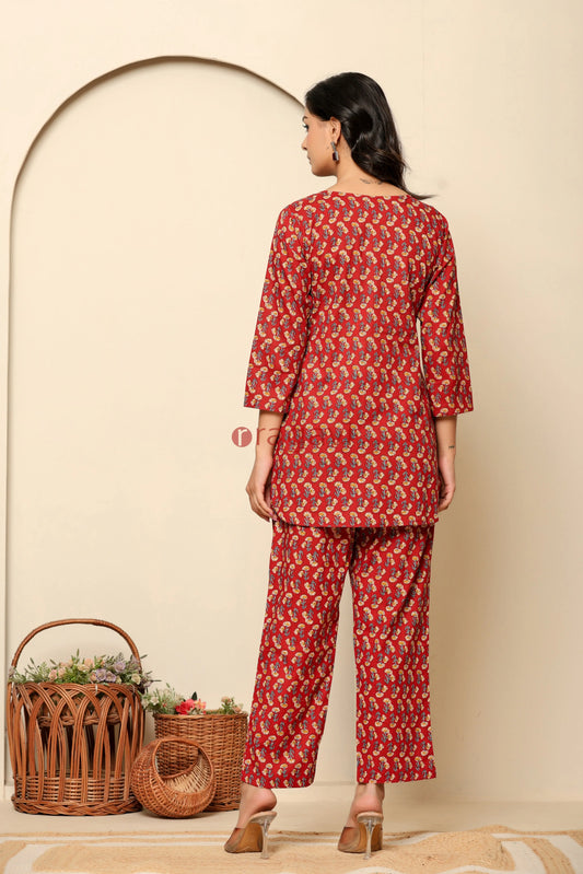 Red Printed Cotton Co- Ord Set - Ragavi