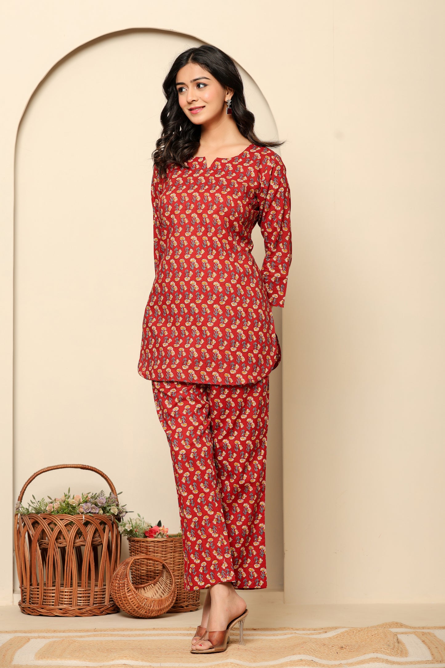 Red Printed Cotton Coord Set