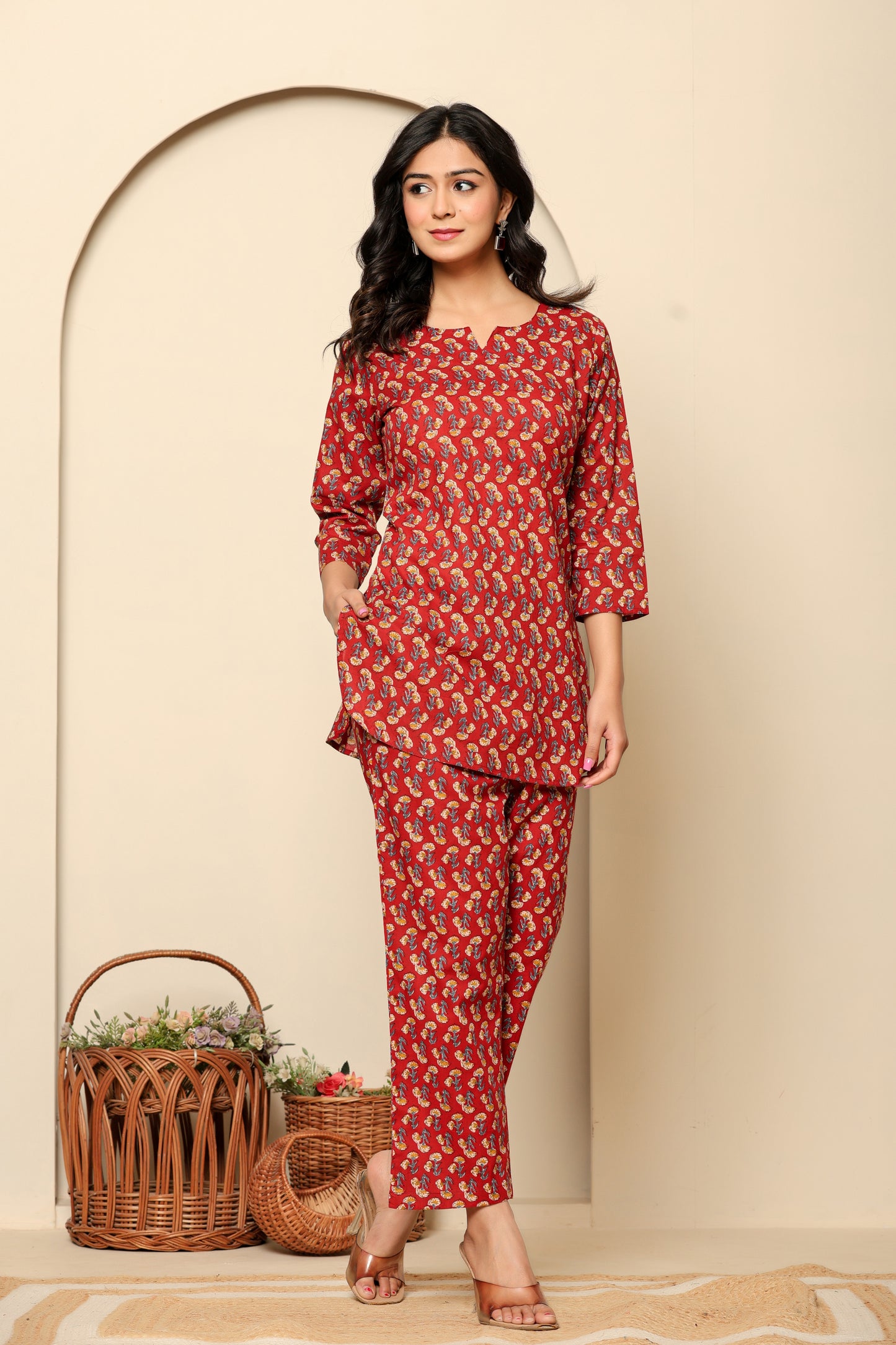 Red Printed Cotton Coord Set