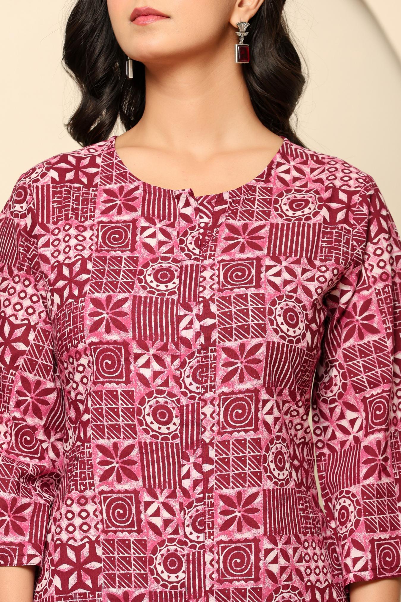 Maroon Printed Cotton Co- Ord Set