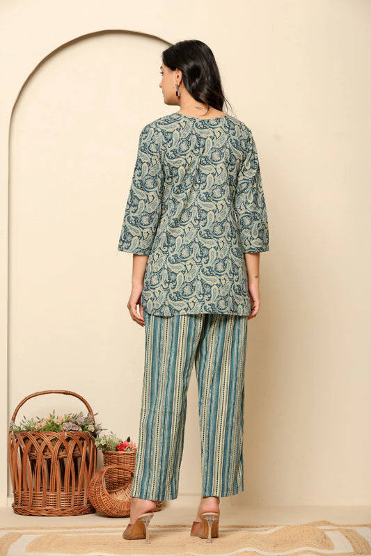 Blue Printed Cotton Co- Ord Set - Ragavi