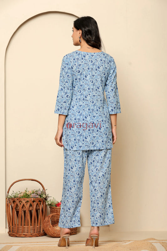 Blue Printed Cotton Co- Ord Set - Ragavi