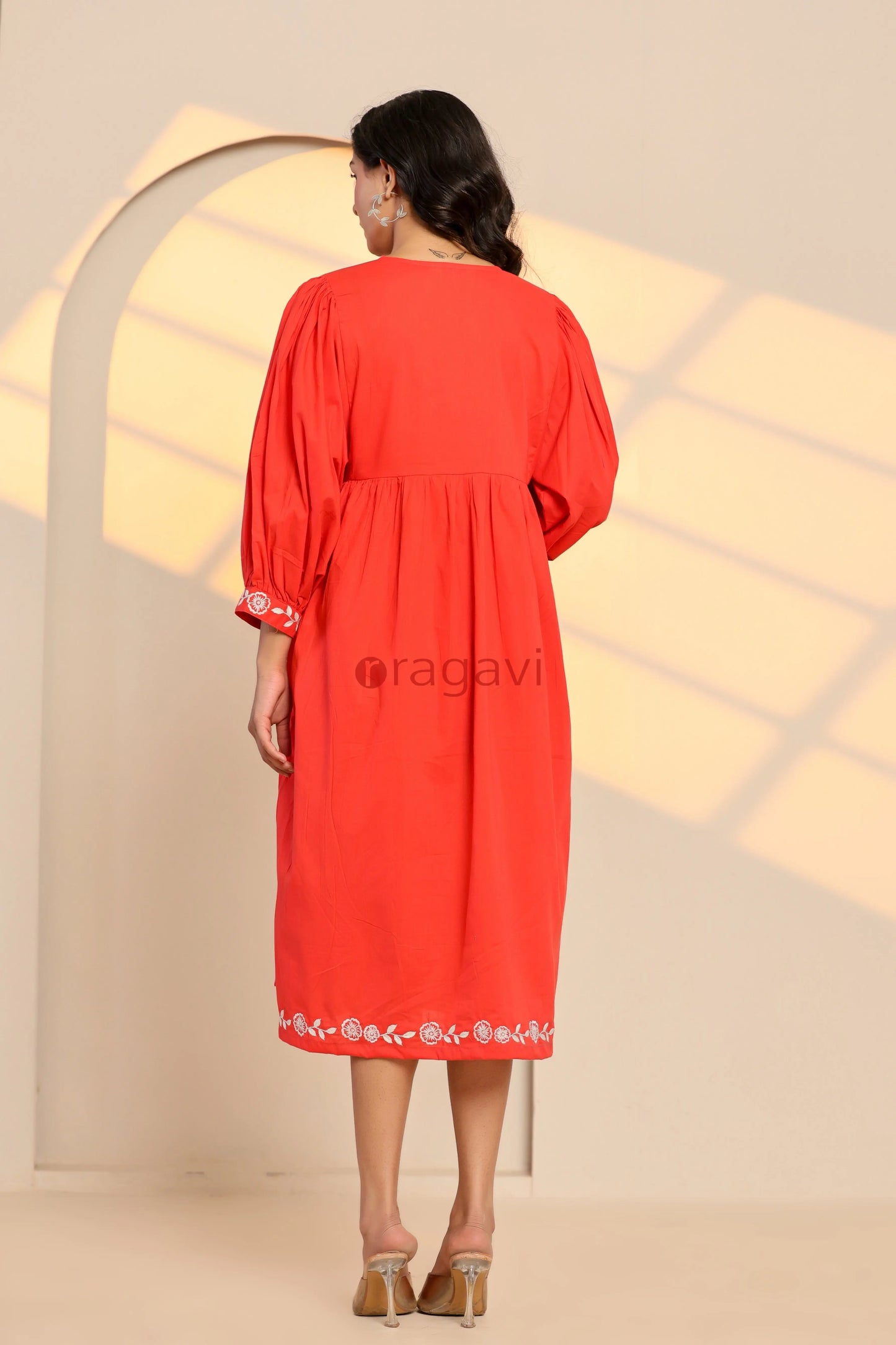 Poppy Red Cotton Embroidered Midi Dress - Ragavi