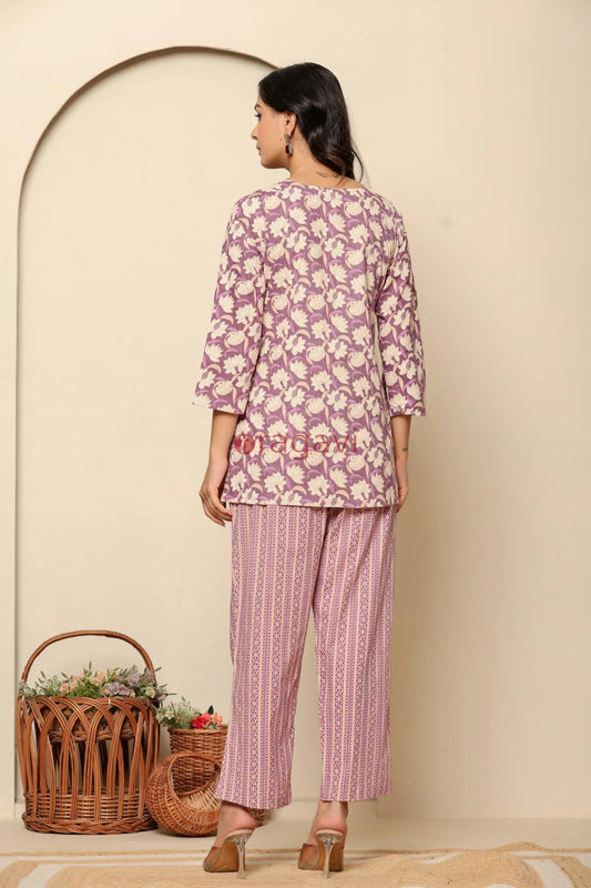 Purple Printed Cotton Co- Ord Set - Ragavi
