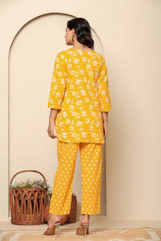 Yellow Printed Cotton Co-ord Set - Back View