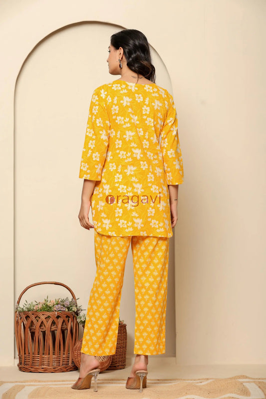 Yellow Printed Cotton Co-ord Set - Back View