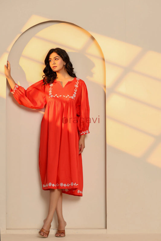 Poppy Red Cotton Embroidered Midi Dress - Ragavi