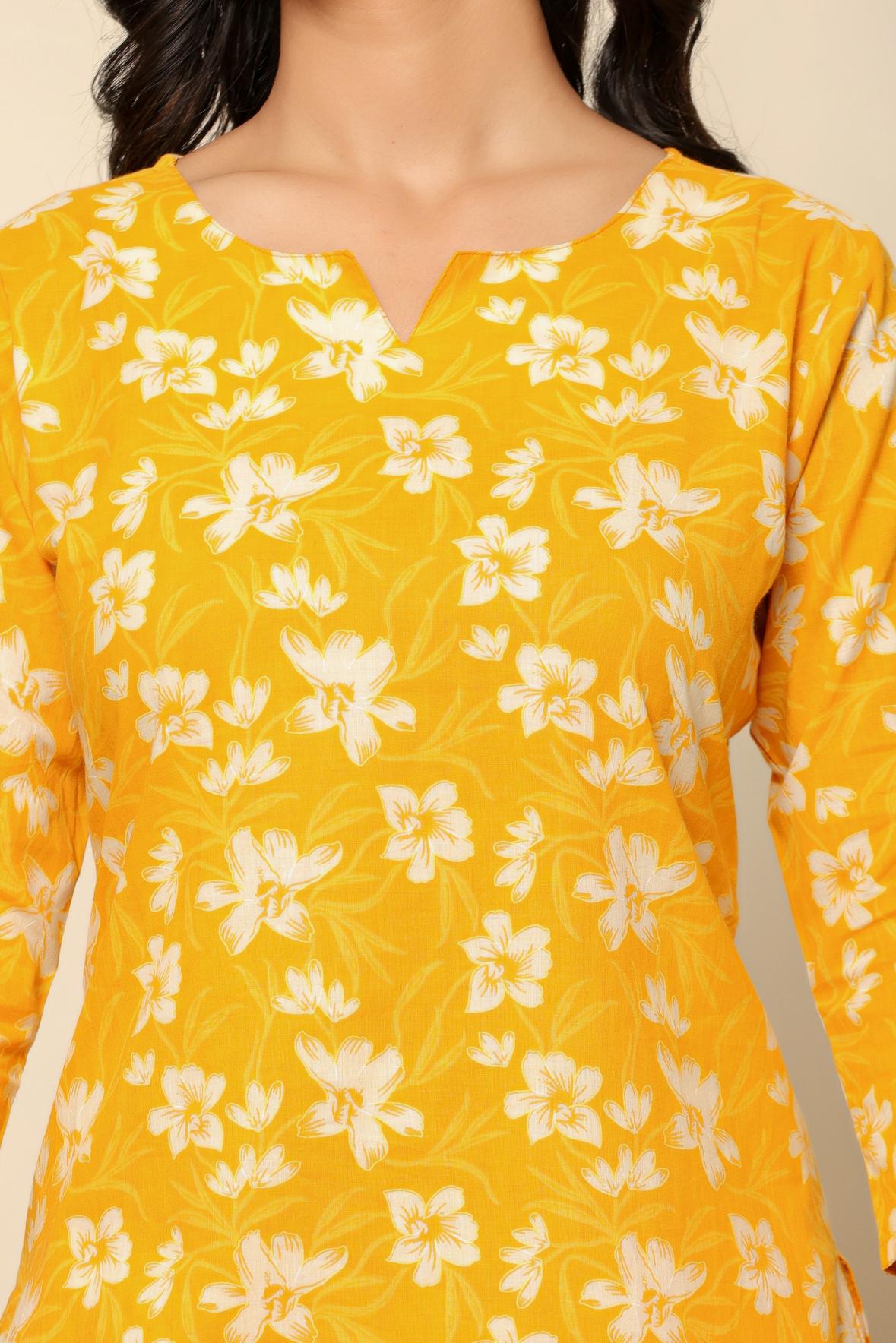 Yellow Printed Cotton Co-ord Set - Close-Up Print Detail