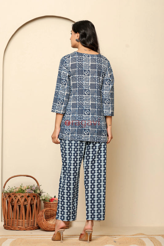 Blue Printed Cotton Co- Ord Set - Ragavi