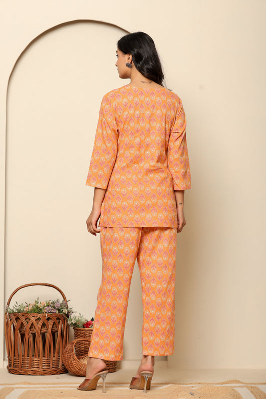 Peach Printed Cotton Co-ord Set Back View