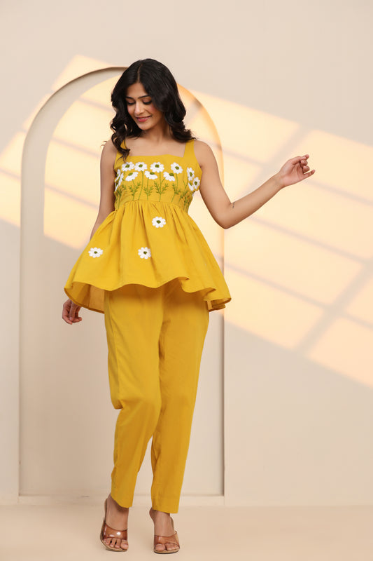 Spicy Mustard Hand Embroidered Cotton Co- Ord Set