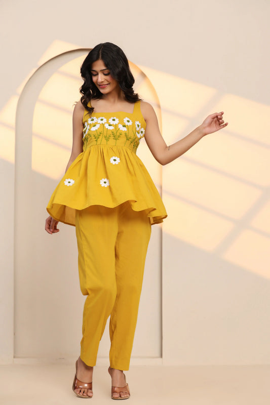 Spicy Mustard Hand Embroidered Cotton Co- Ord Set - Ragavi