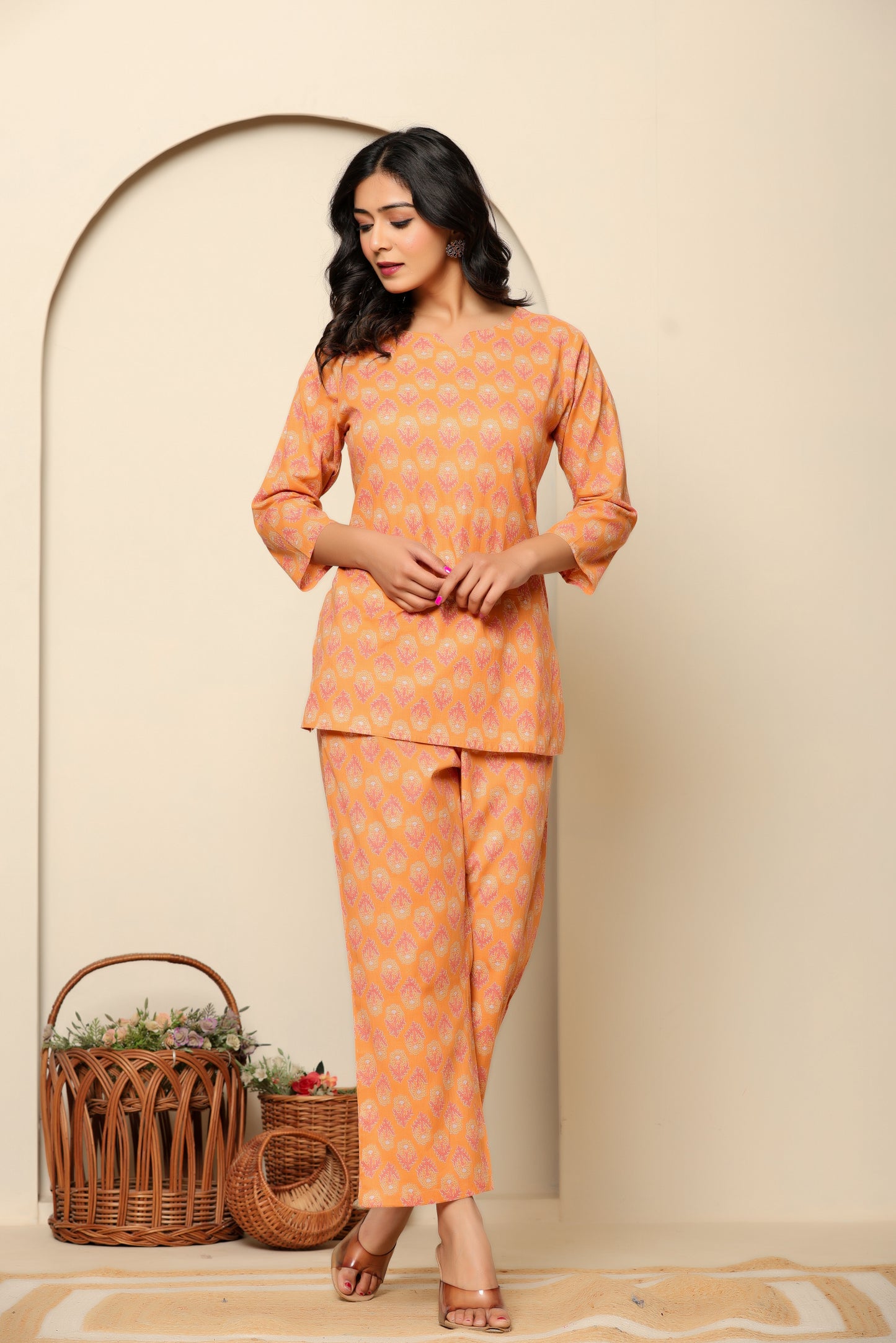 Peach Printed Cotton Coord Set