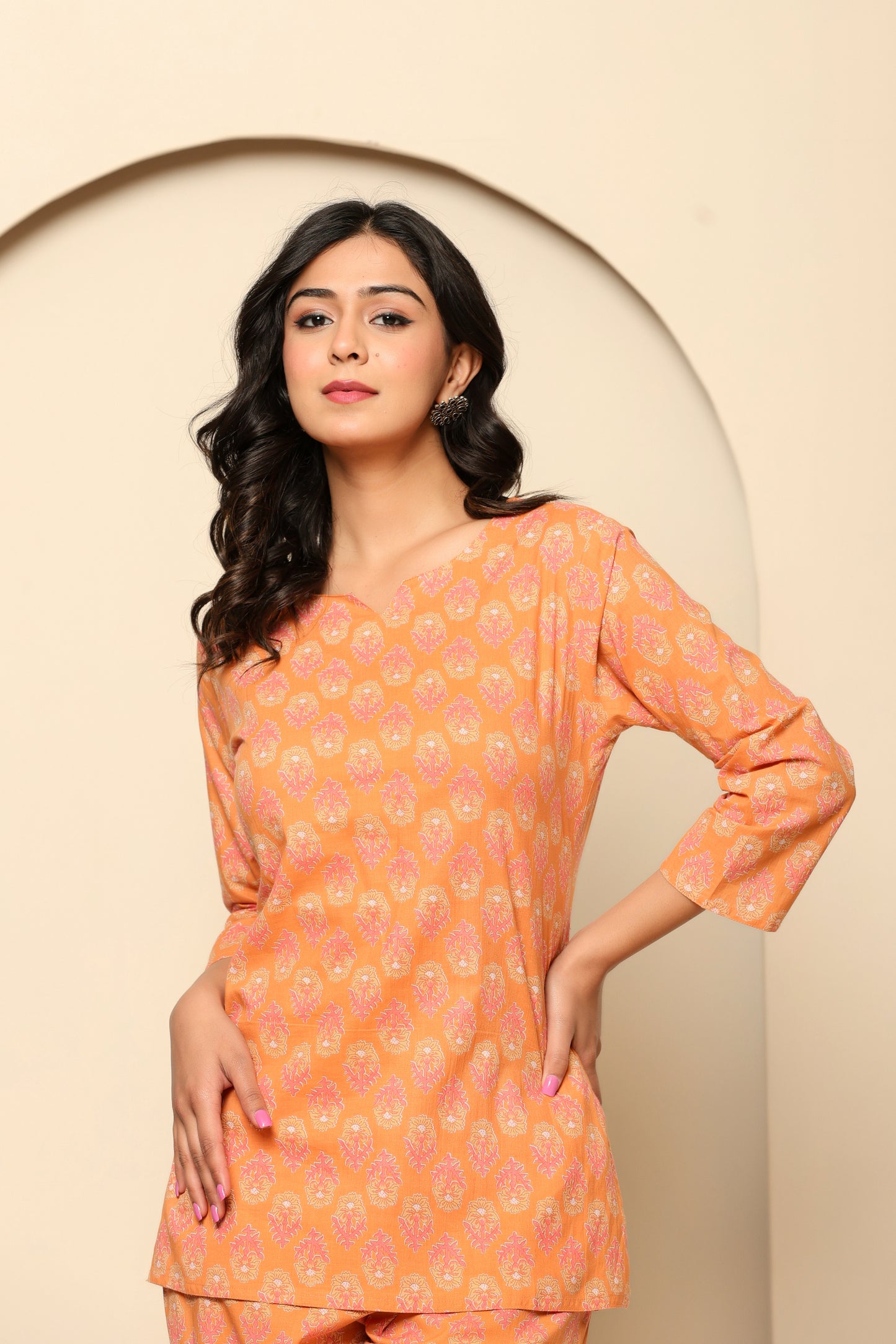 Peach Printed Cotton Coord Set