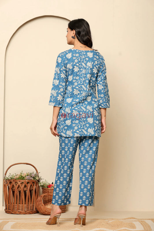 Blue Printed Cotton Co- Ord Set - Ragavi
