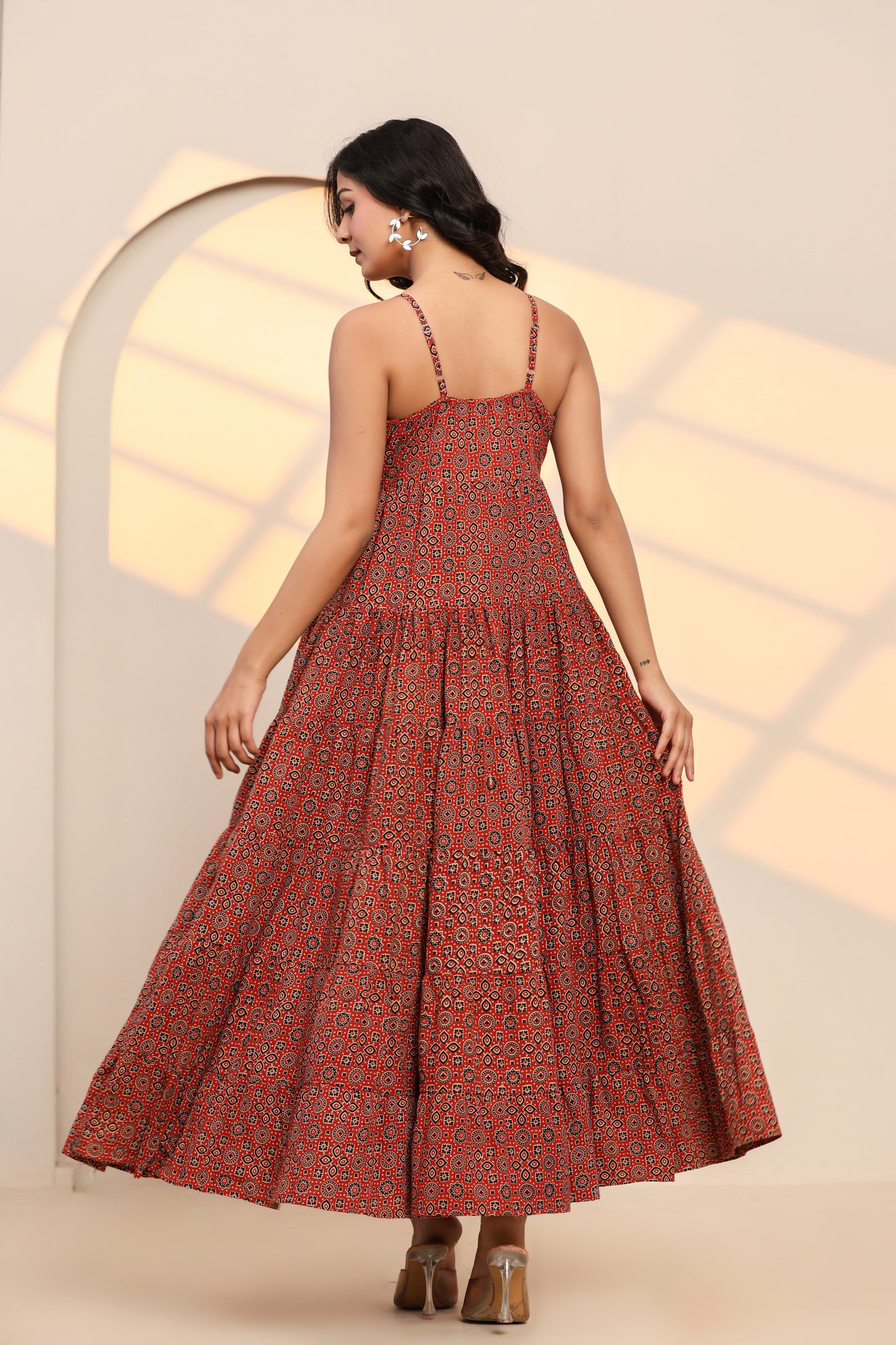 Scarlet Sage Red Cotton Hand Block Printed Maxi Dress