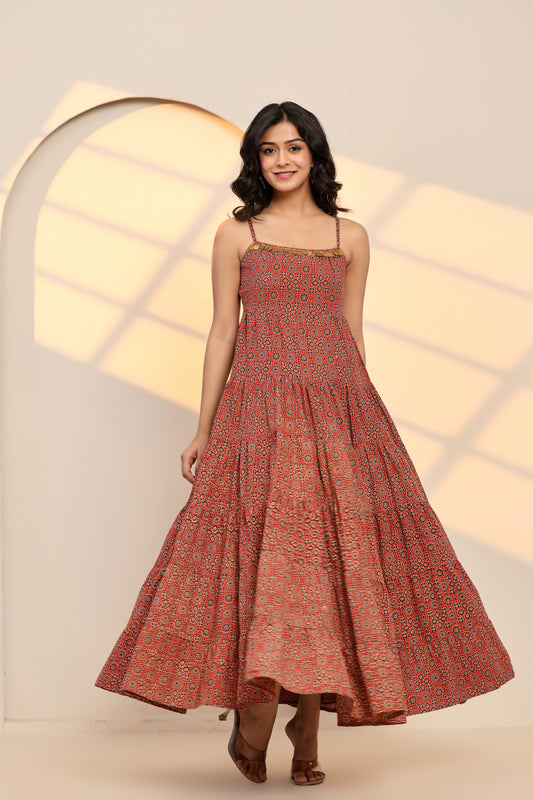 Scarlet Sage Red Cotton Hand Block Printed Maxi Dress