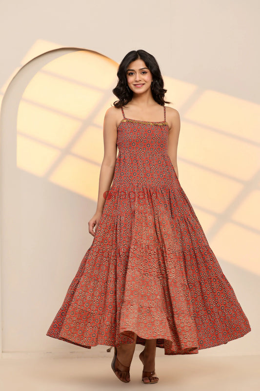 Scarlet Sage Red Cotton Hand Block Printed Maxi Dress - Ragavi