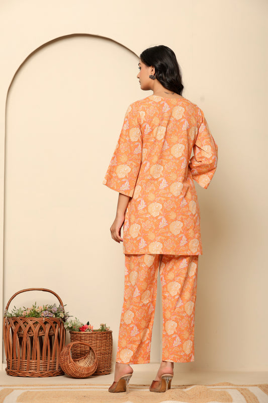 Peach Printed Cotton Co- Ord Set