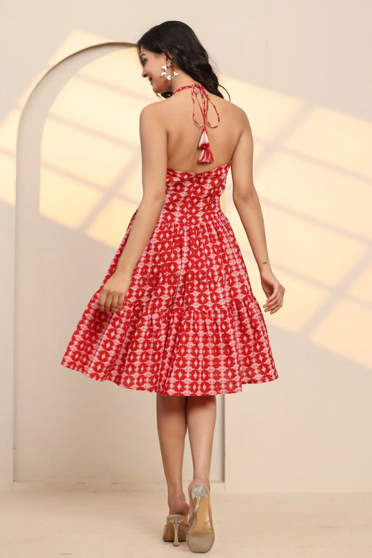 Salsa Red Hand Block Cotton Mini Dress - Ragavi