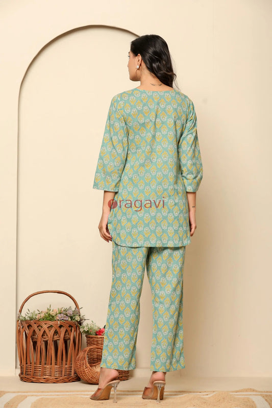 Green Printed Cotton Co- Ord Set - Ragavi