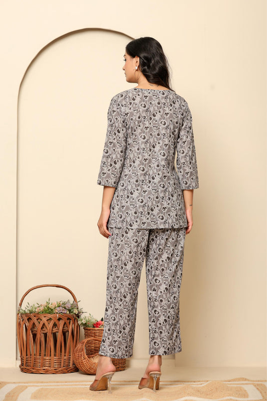 Grey Printed Cotton Co- Ord Set