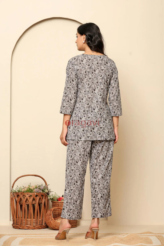 Grey Printed Cotton Co- Ord Set - Ragavi