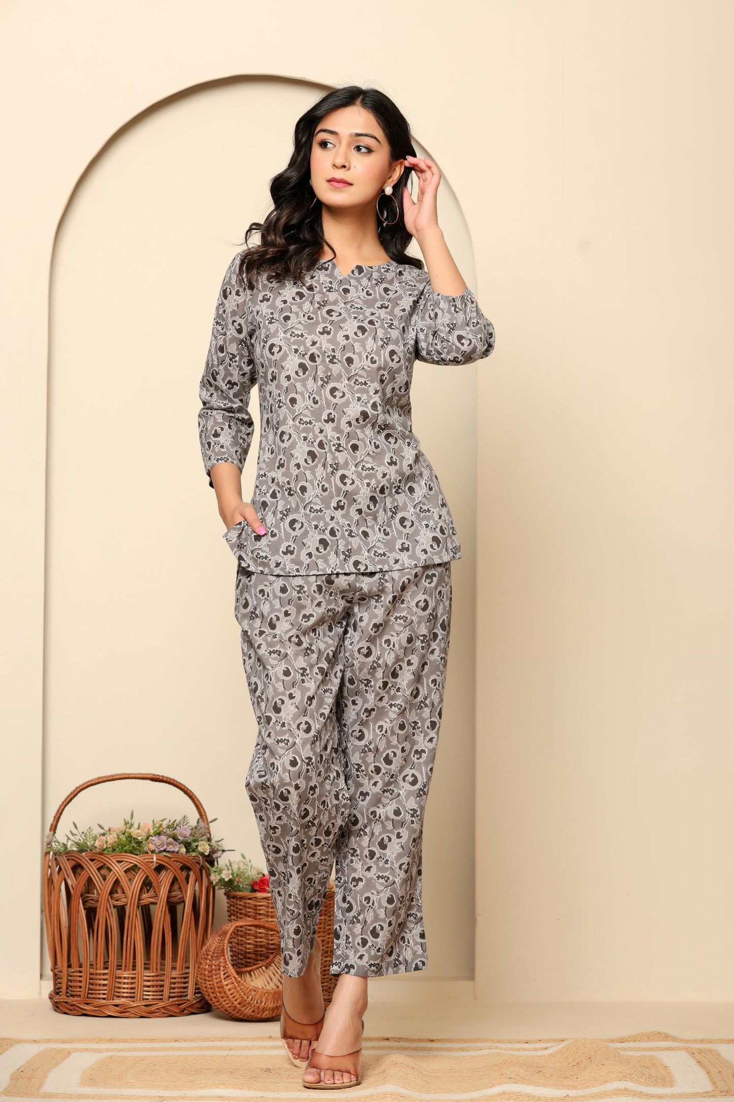 Grey Printed Cotton Coord Set