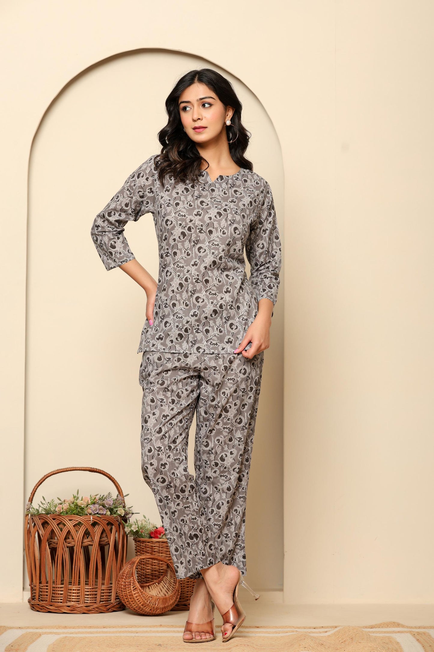 Grey Printed Cotton Coord Set