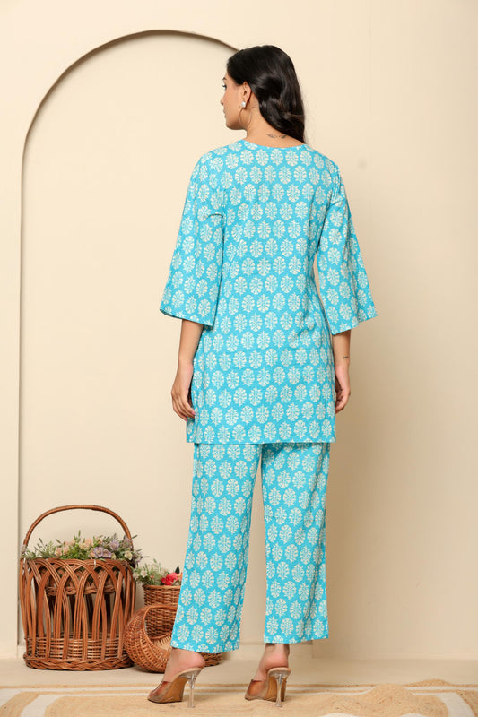 Sky Blue Printed Cotton Co- Ord Set