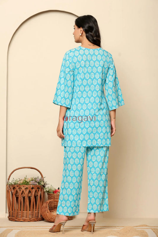 Sky Blue Printed Cotton Co- Ord Set - Ragavi