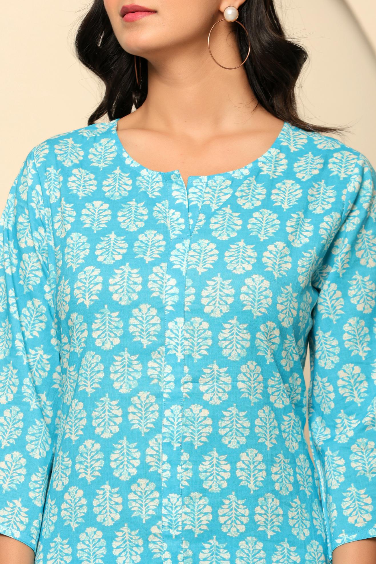 Sky Blue Printed Cotton Co- Ord Set