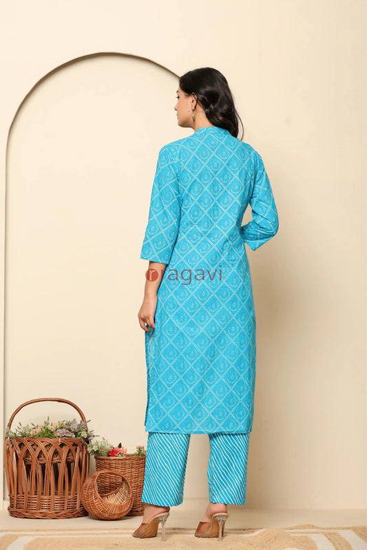 Blue Printed Cotton Kurta Set - Ragavi