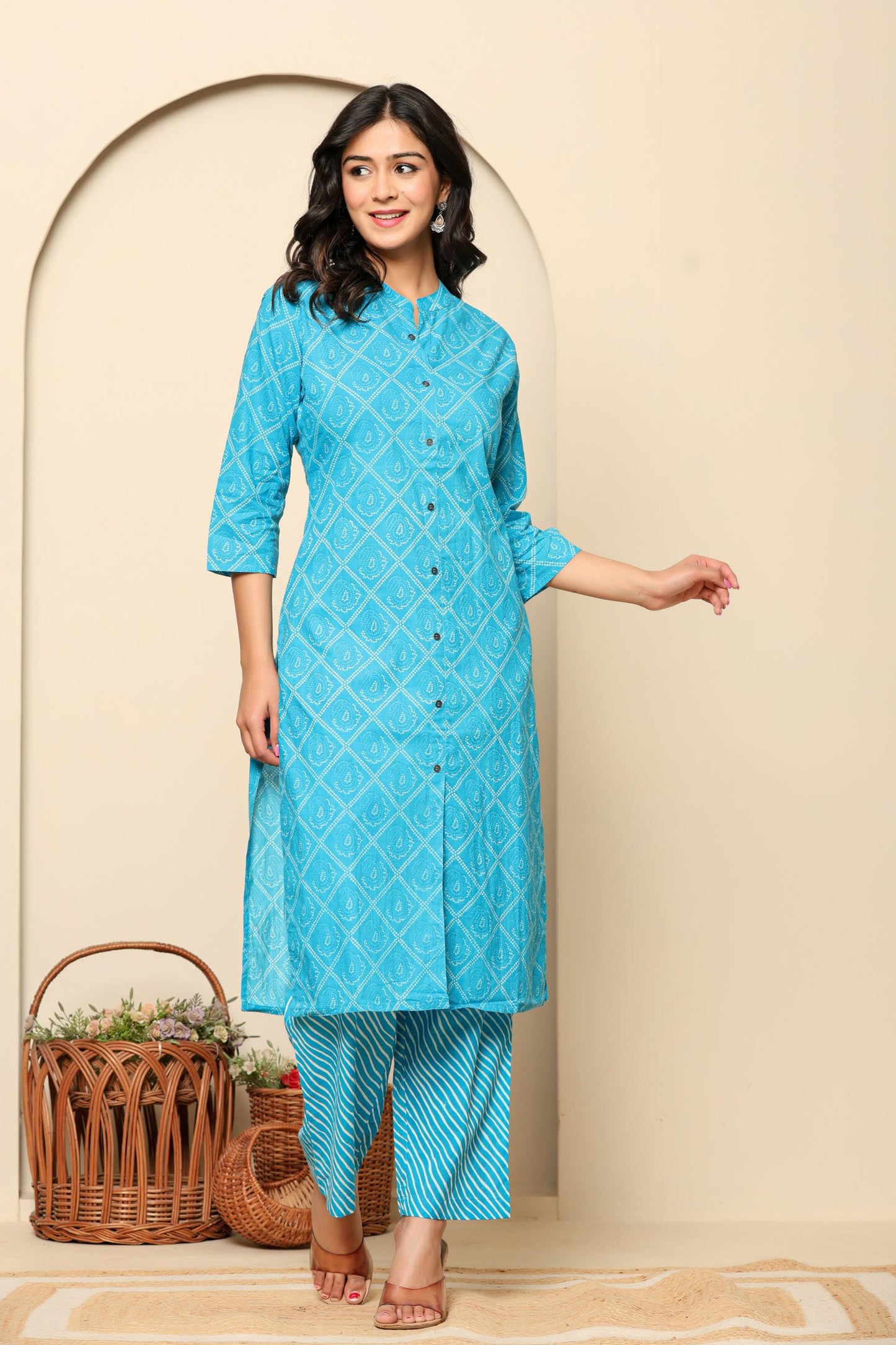Blue Printed Cotton Kurta Set