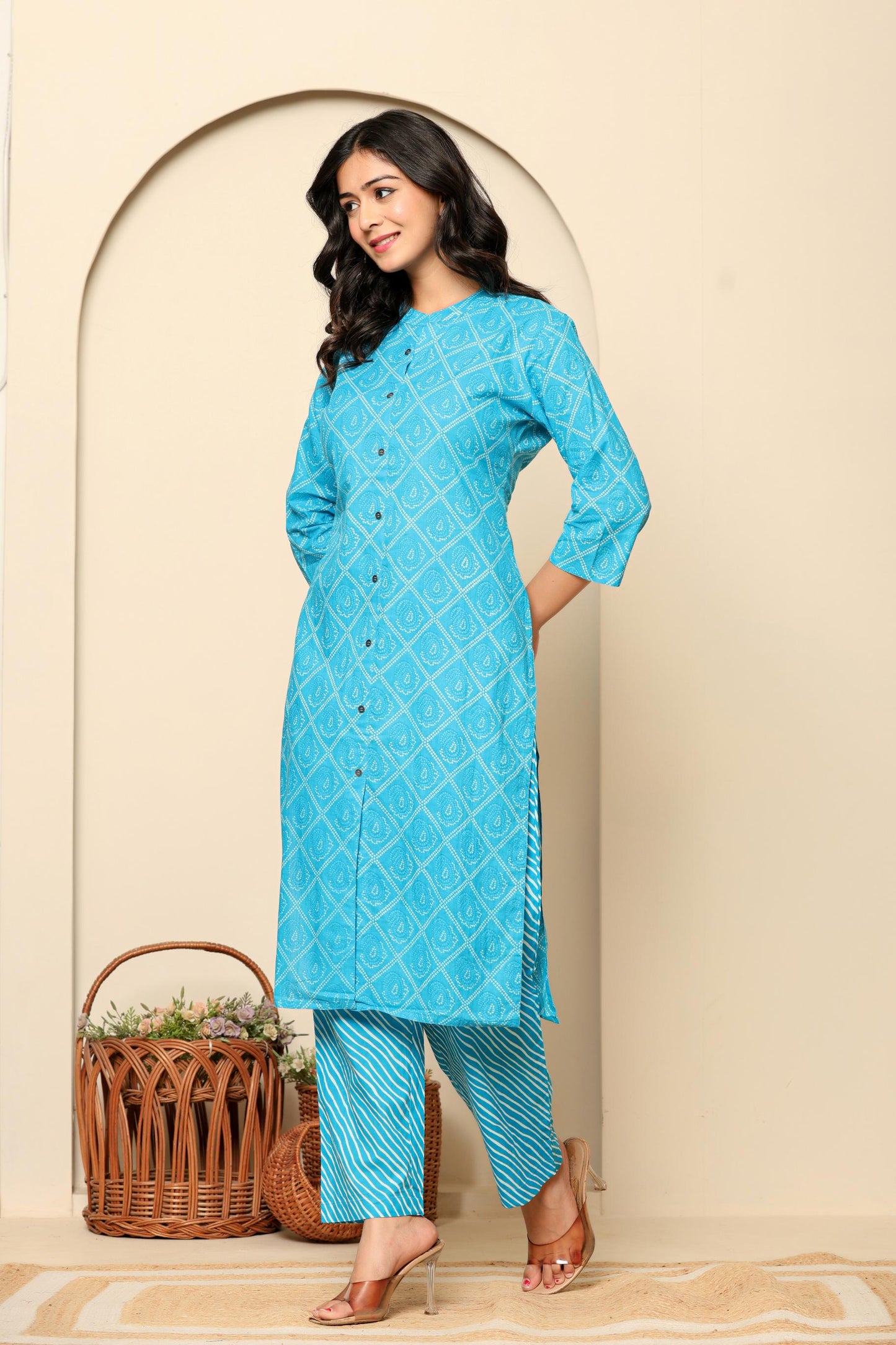 Blue Printed Cotton Kurta Set