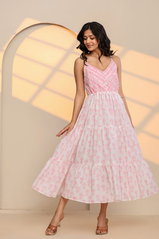 Rose Pink and White Printed Cotton Maxi Dress