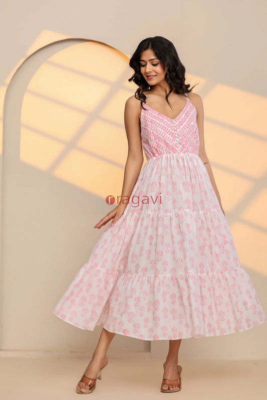 Rose Pink and White Printed Cotton Maxi Dress - Ragavi