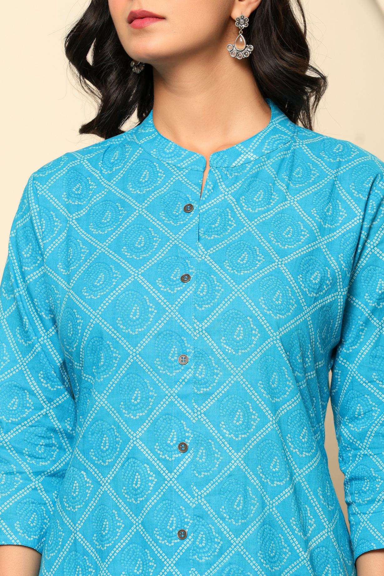 Blue Printed Cotton Kurta Set